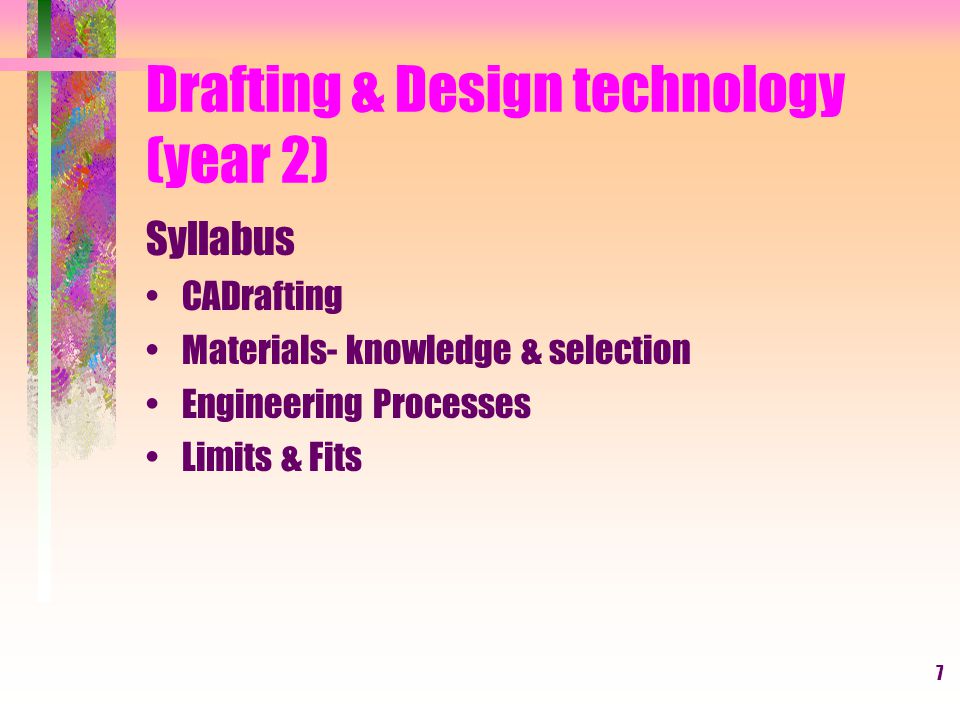 7 Drafting & Design technology (year 2) Syllabus CADrafting Materials- knowledge & selection Engineering Processes Limits & Fits