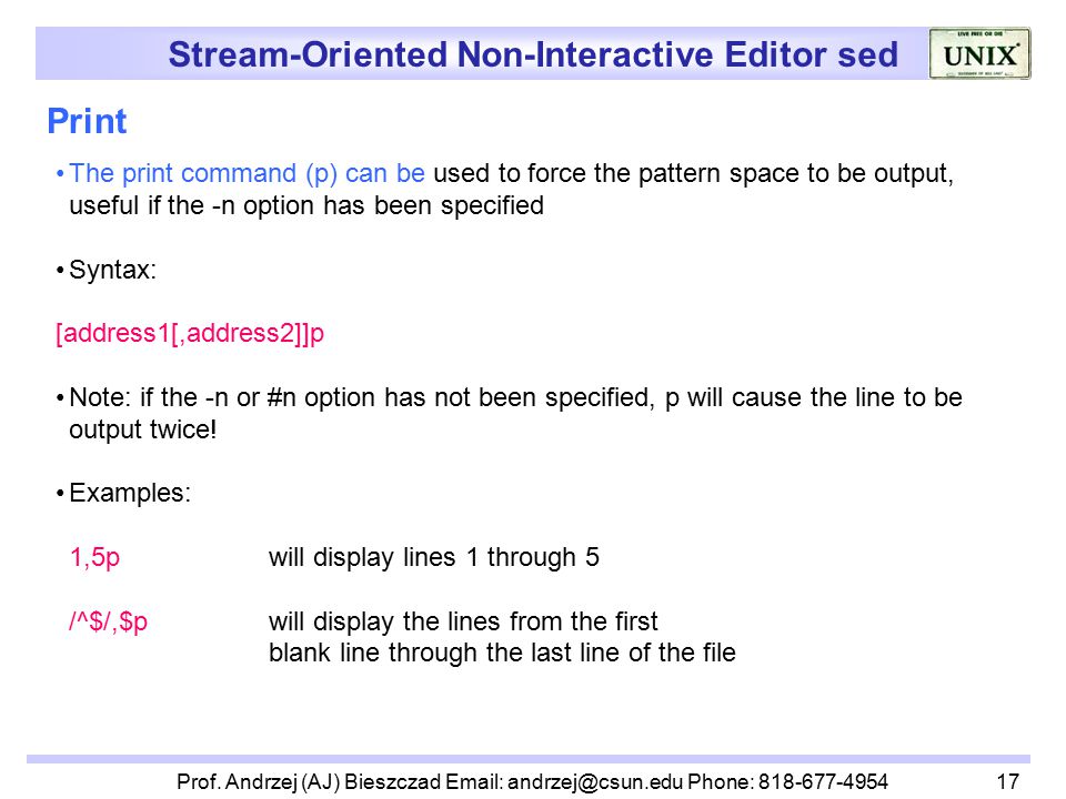 Stream-Oriented Non-Interactive Editor sed Prof.