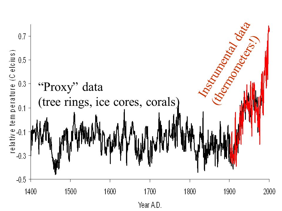 Instrumental data (thermometers!) Proxy data (tree rings, ice cores, corals)