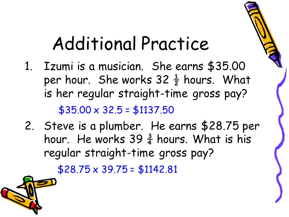 Additional Practice 1.Izumi is a musician. She earns $35.00 per hour.