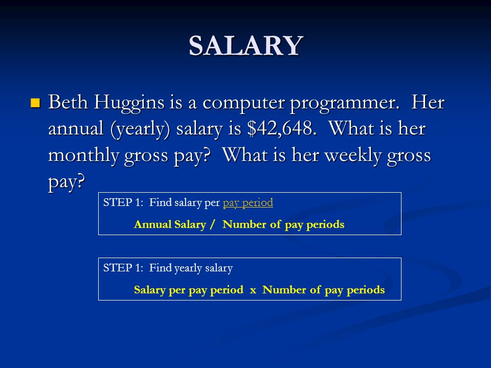 SALARY Beth Huggins is a computer programmer. Her annual (yearly) salary is $42,648.