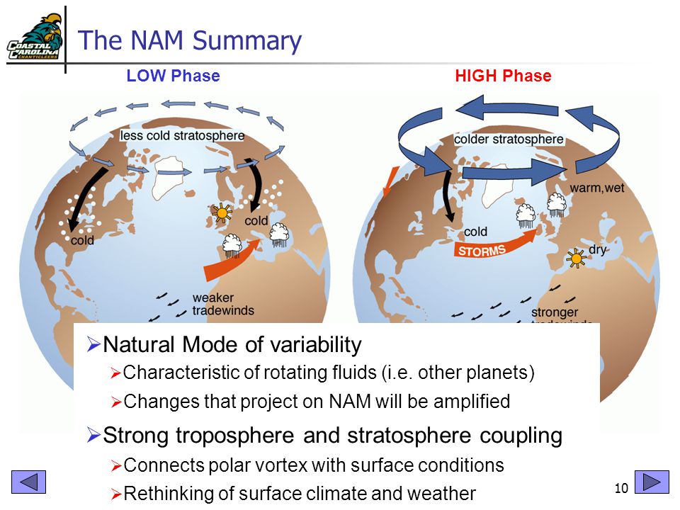 10 The NAM Summary HIGH PhaseLOW Phase  Natural Mode of variability  Strong troposphere and stratosphere coupling  Characteristic of rotating fluids (i.e.