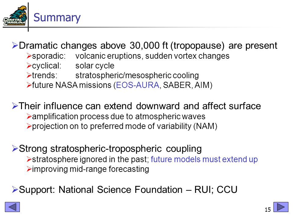 15 Summary  Dramatic changes above 30,000 ft (tropopause) are present  sporadic:volcanic eruptions, sudden vortex changes  cyclical: solar cycle  trends:stratospheric/mesospheric cooling  future NASA missions (EOS-AURA, SABER, AIM)  Their influence can extend downward and affect surface  amplification process due to atmospheric waves  projection on to preferred mode of variability (NAM)  Strong stratospheric-tropospheric coupling  stratosphere ignored in the past; future models must extend up  improving mid-range forecasting  Support: National Science Foundation – RUI; CCU