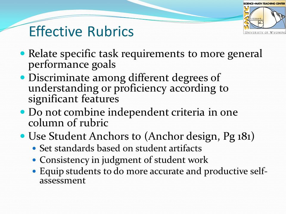 Effective Rubrics Relate specific task requirements to more general performance goals Discriminate among different degrees of understanding or proficiency according to significant features Do not combine independent criteria in one column of rubric Use Student Anchors to (Anchor design, Pg 181) Set standards based on student artifacts Consistency in judgment of student work Equip students to do more accurate and productive self- assessment