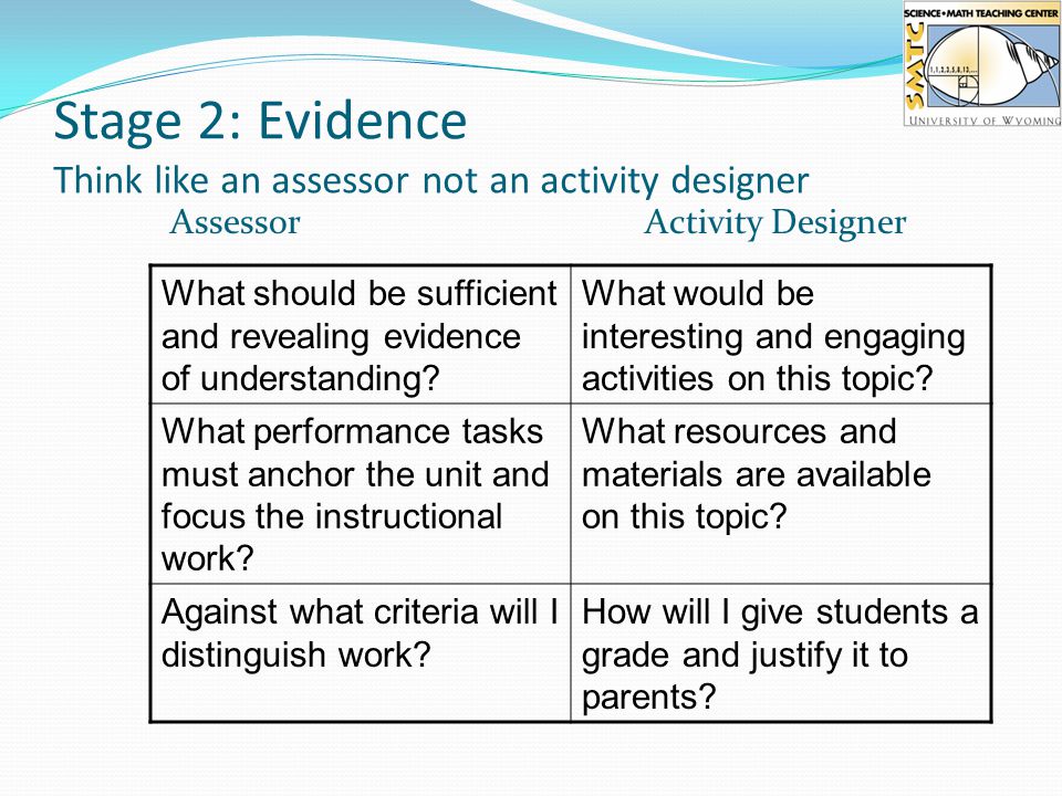Stage 2: Evidence Think like an assessor not an activity designer What should be sufficient and revealing evidence of understanding.