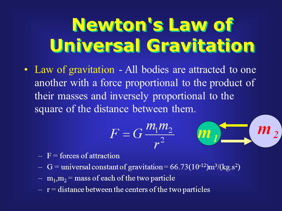 Newton s Law of Universal Gravitation Law of gravitation - All bodies are attracted to one another with a force proportional to the product of their masses and inversely proportional to the square of the distance between them.