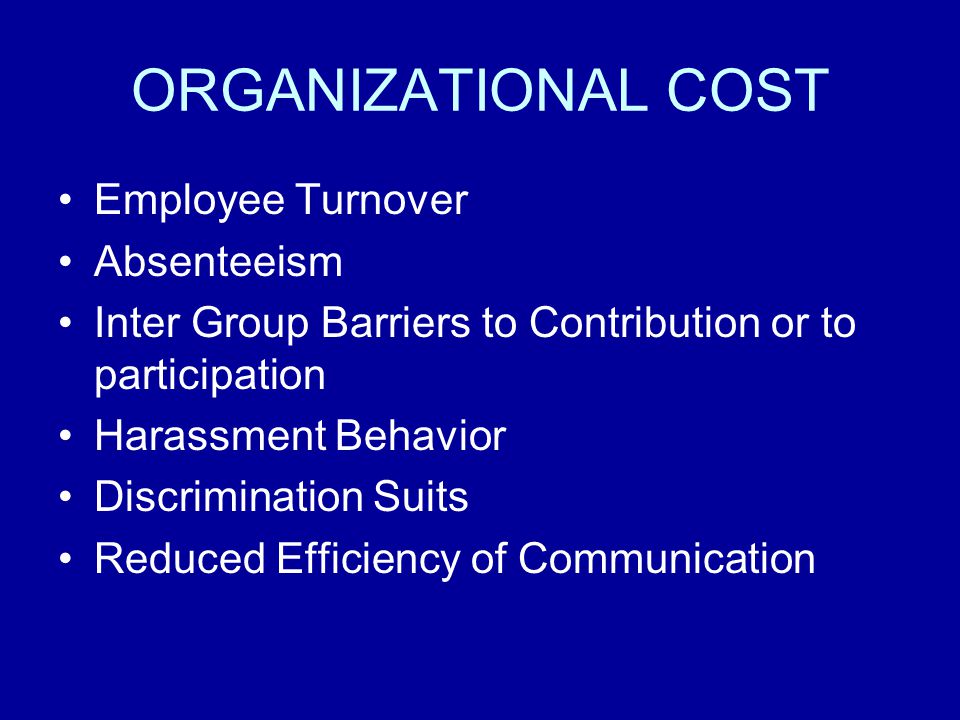 ORGANIZATIONAL COST Employee Turnover Absenteeism Inter Group Barriers to Contribution or to participation Harassment Behavior Discrimination Suits Reduced Efficiency of Communication