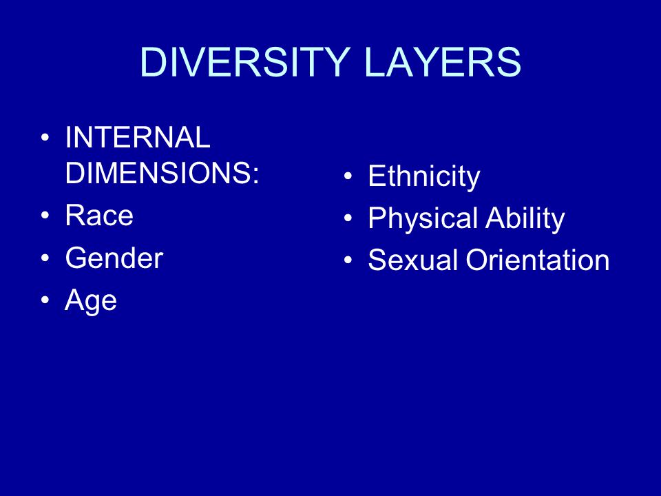DIVERSITY LAYERS INTERNAL DIMENSIONS: Race Gender Age Ethnicity Physical Ability Sexual Orientation