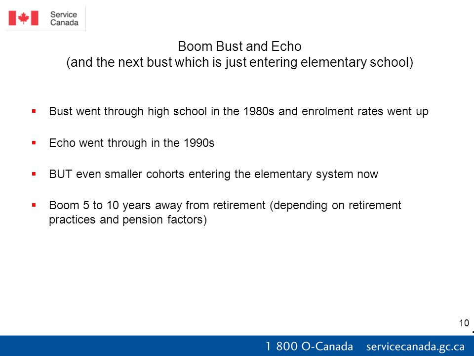 10 Boom Bust and Echo (and the next bust which is just entering elementary school)  Bust went through high school in the 1980s and enrolment rates went up  Echo went through in the 1990s  BUT even smaller cohorts entering the elementary system now  Boom 5 to 10 years away from retirement (depending on retirement practices and pension factors)