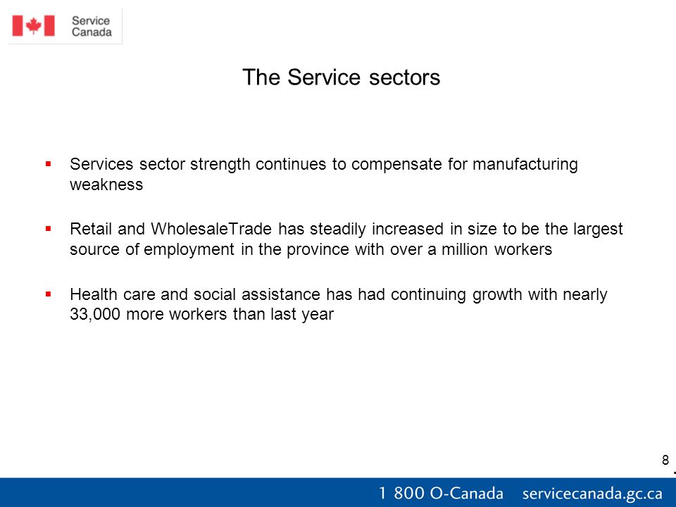 8 The Service sectors  Services sector strength continues to compensate for manufacturing weakness  Retail and WholesaleTrade has steadily increased in size to be the largest source of employment in the province with over a million workers  Health care and social assistance has had continuing growth with nearly 33,000 more workers than last year
