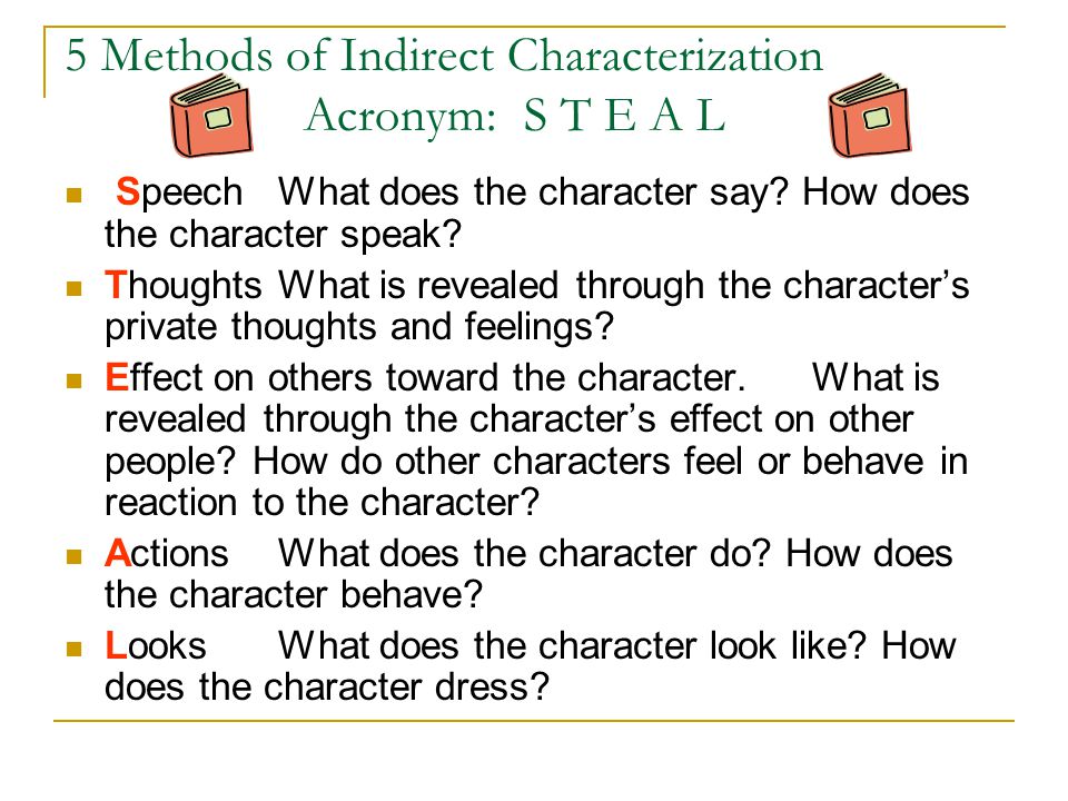 5 Methods of Indirect Characterization Acronym: S T E A L Speech What does the character say.