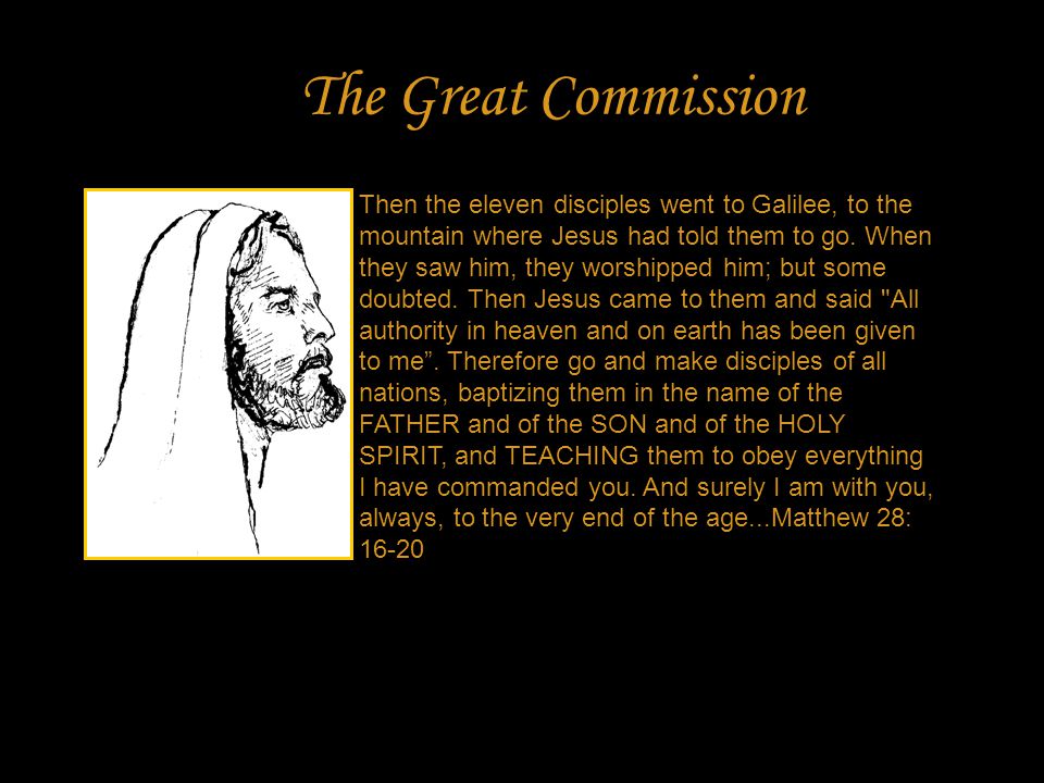 The Great Commission Then the eleven disciples went to Galilee, to the mountain where Jesus had told them to go.