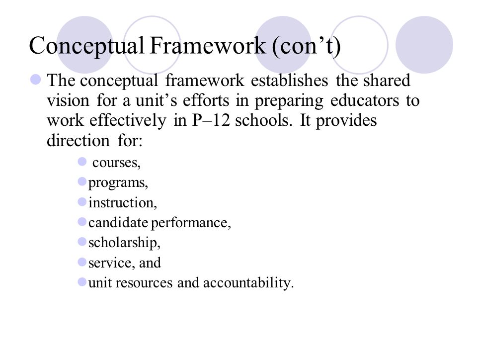 Conceptual Framework (con’t) The conceptual framework establishes the shared vision for a unit’s efforts in preparing educators to work effectively in P–12 schools.