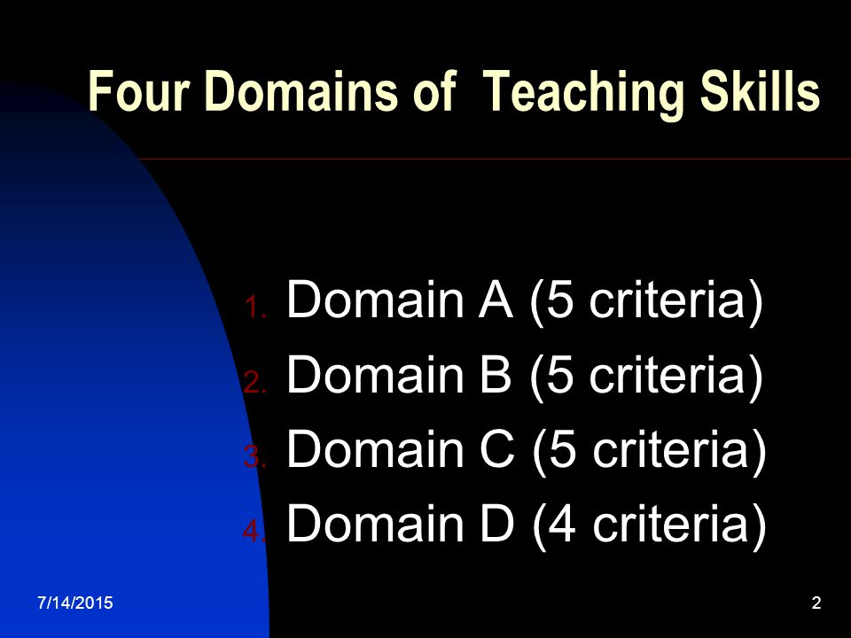 7/14/20152 Four Domains of Teaching Skills 1. Domain A (5 criteria) 2.