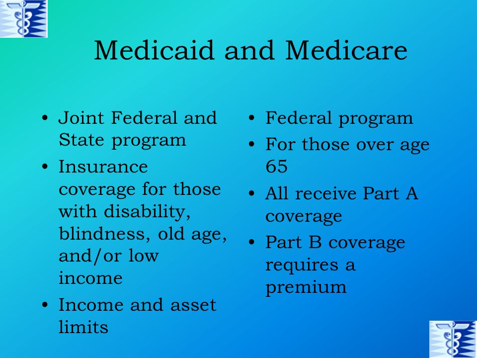 Joint Federal and State program Insurance coverage for those with disability, blindness, old age, and/or low income Income and asset limits Federal program For those over age 65 All receive Part A coverage Part B coverage requires a premium Medicaid and Medicare