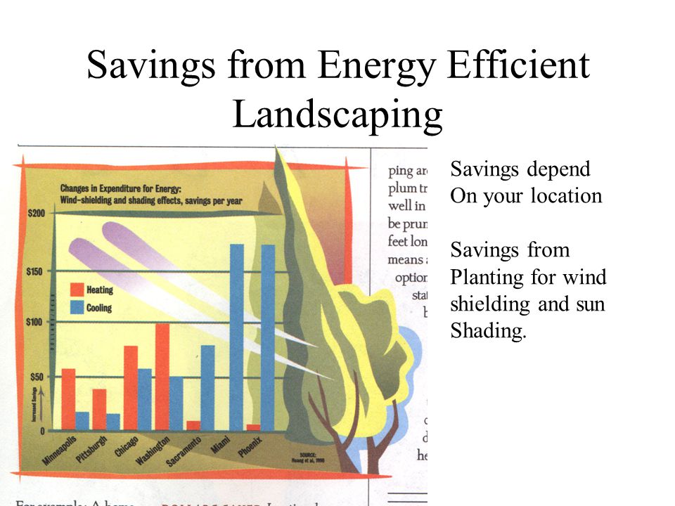 Savings from Energy Efficient Landscaping Savings depend On your location Savings from Planting for wind shielding and sun Shading.