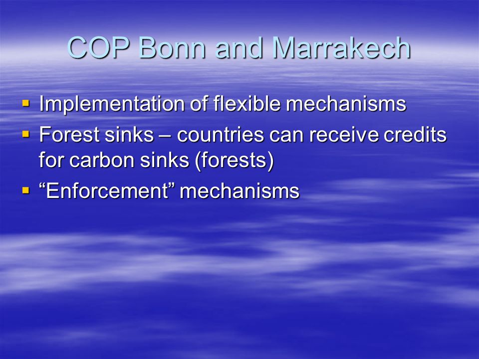 COP Bonn and Marrakech  Implementation of flexible mechanisms  Forest sinks – countries can receive credits for carbon sinks (forests)  Enforcement mechanisms