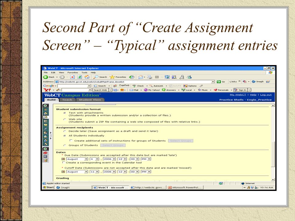 Second Part of Create Assignment Screen – Typical assignment entries