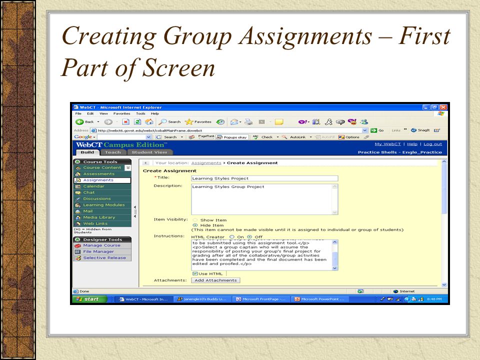 Creating Group Assignments – First Part of Screen