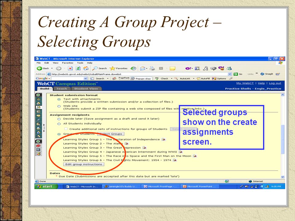 Creating A Group Project – Selecting Groups Selected groups show on the create assignments screen.