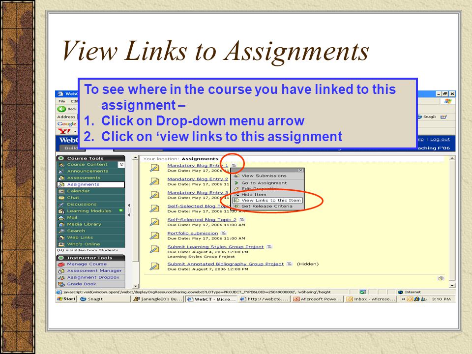 View Links to Assignments To see where in the course you have linked to this assignment – 1.Click on Drop-down menu arrow 2.Click on ‘view links to this assignment