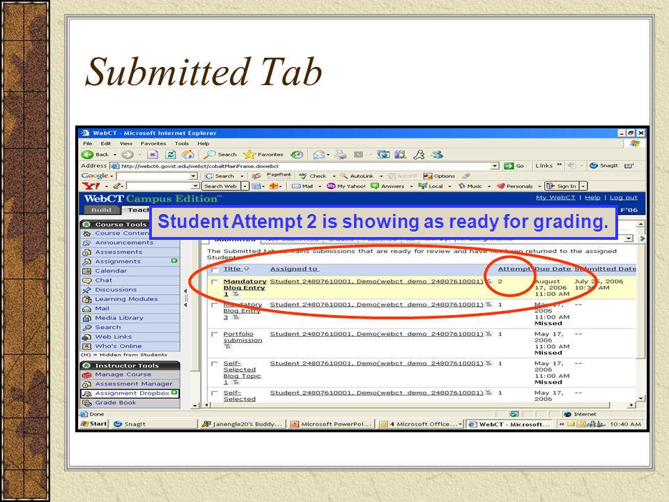 Submitted Tab Student Attempt 2 is showing as ready for grading.