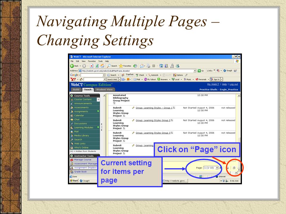 Navigating Multiple Pages – Changing Settings Click on Page icon Current setting for items per page