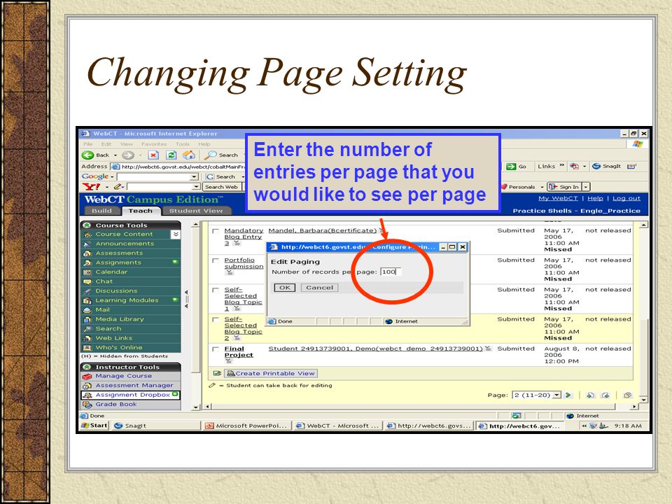 Changing Page Setting Enter the number of entries per page that you would like to see per page