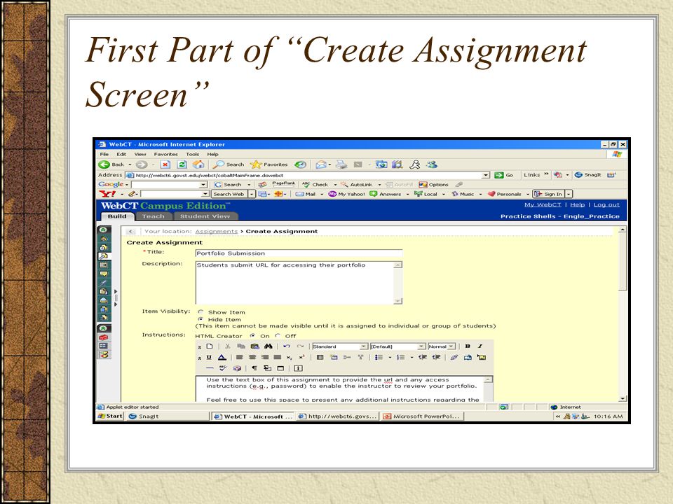 First Part of Create Assignment Screen