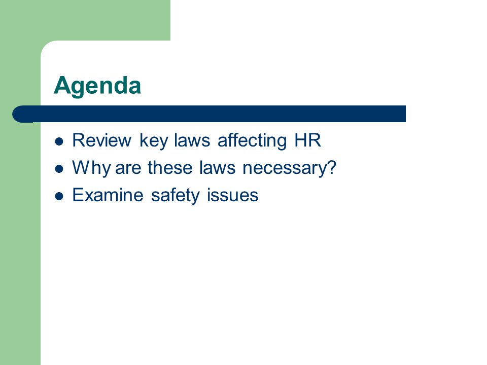 Agenda Review key laws affecting HR Why are these laws necessary Examine safety issues
