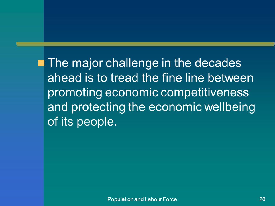 Population and Labour Force20 The major challenge in the decades ahead is to tread the fine line between promoting economic competitiveness and protecting the economic wellbeing of its people.