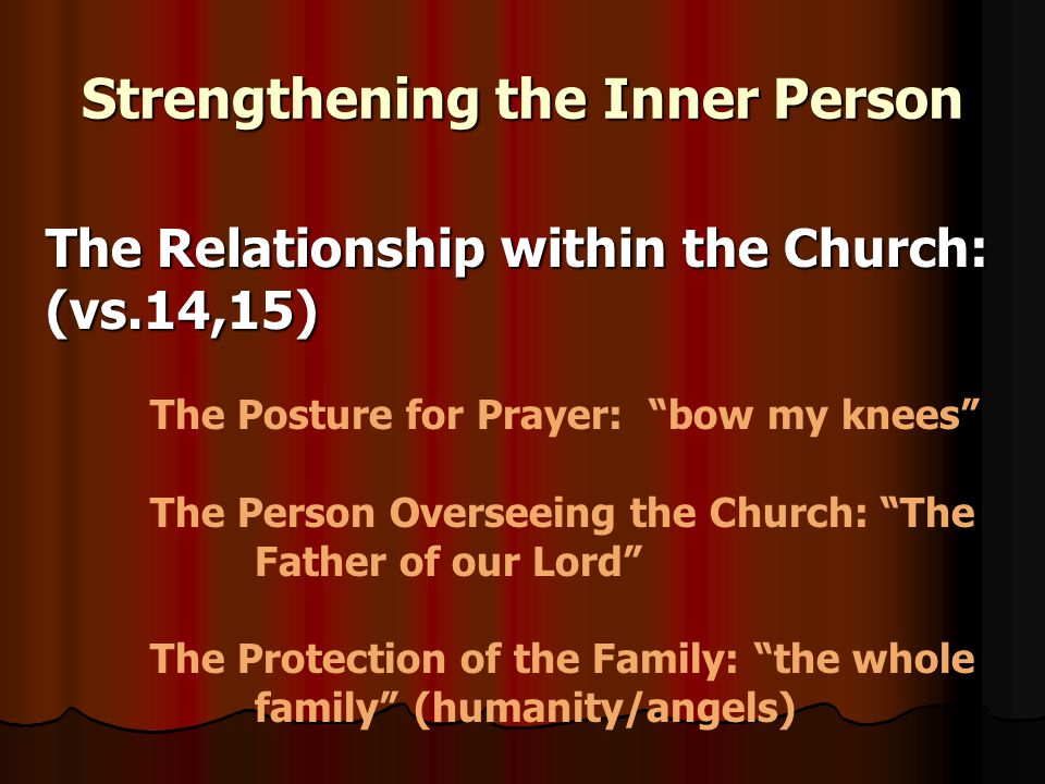 Strengthening the Inner Person The Relationship within the Church: (vs.14,15) The Posture for Prayer: bow my knees The Person Overseeing the Church: The Father of our Lord The Protection of the Family: the whole family (humanity/angels)