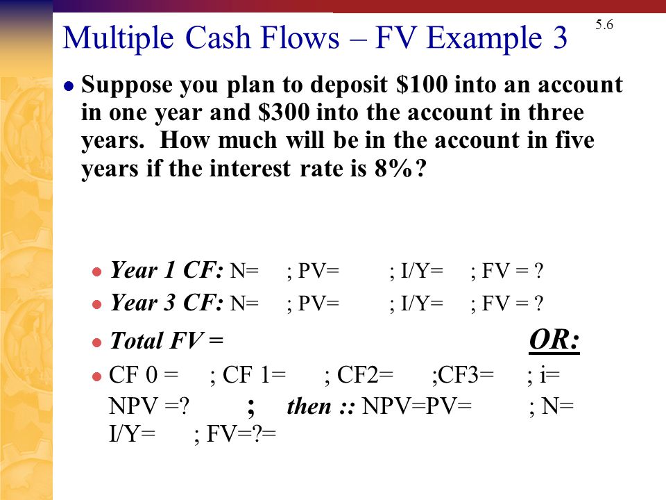 5.6 Multiple Cash Flows – FV Example 3 Suppose you plan to deposit $100 into an account in one year and $300 into the account in three years.
