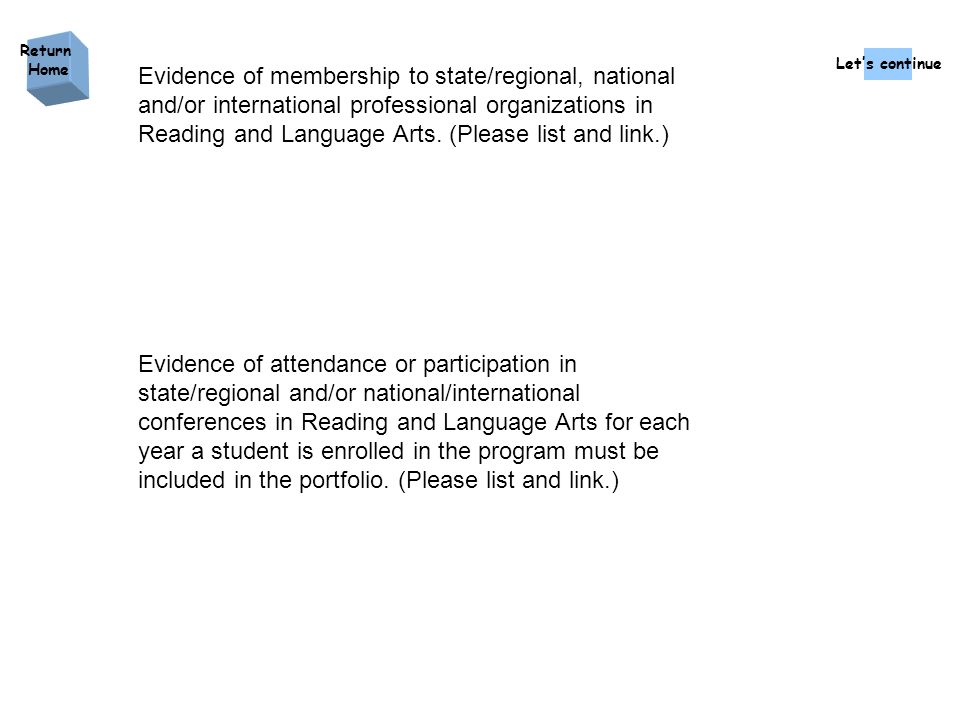 Evidence of membership to state/regional, national and/or international professional organizations in Reading and Language Arts.
