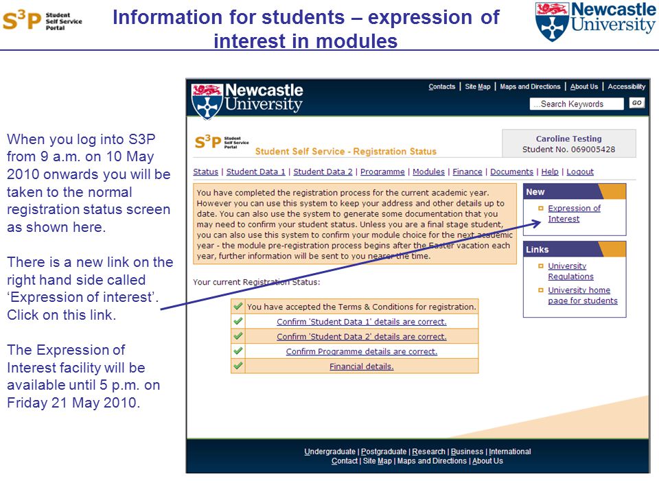 Information for students – expression of interest in modules When you log into S3P from 9 a.m.