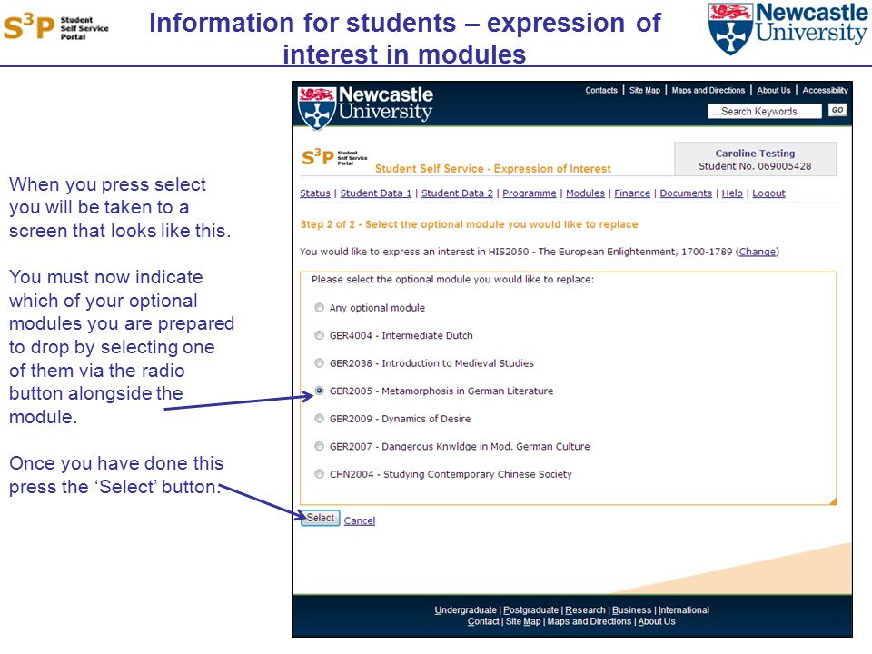 Information for students – expression of interest in modules When you press select you will be taken to a screen that looks like this.