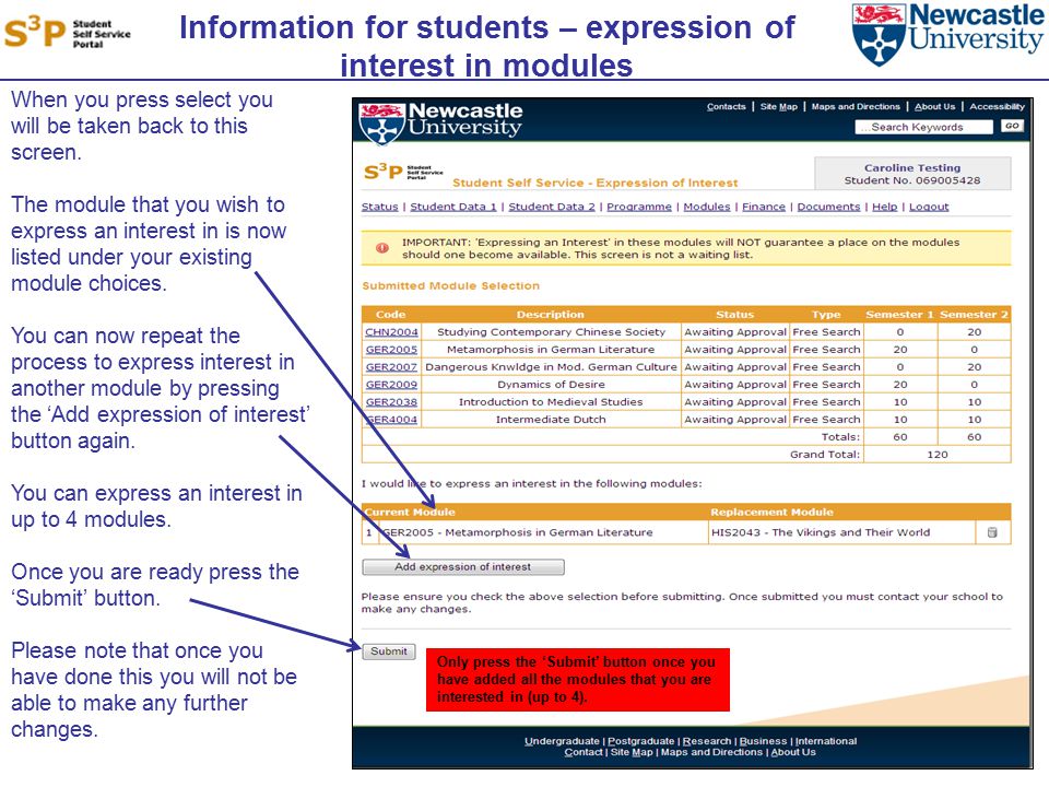 Information for students – expression of interest in modules When you press select you will be taken back to this screen.