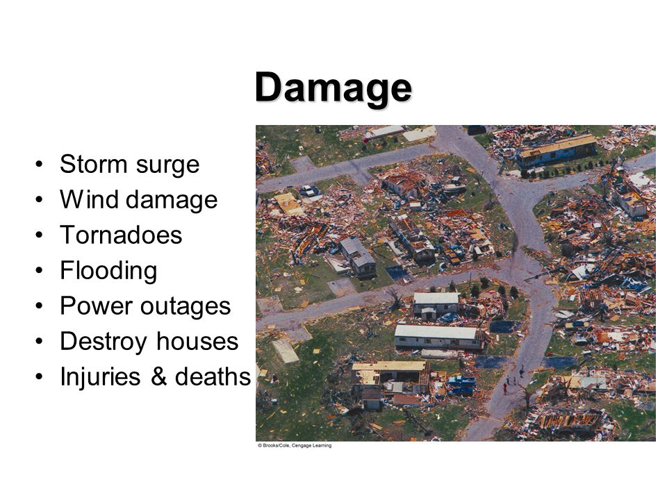 Damage Storm surge Wind damage Tornadoes Flooding Power outages Destroy houses Injuries & deaths