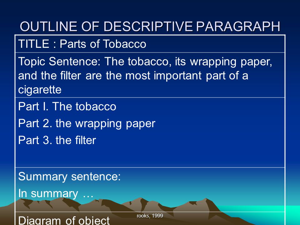 rooks, 1999 OUTLINE OF DESCRIPTIVE PARAGRAPH TITLE : Parts of Tobacco Topic Sentence: The tobacco, its wrapping paper, and the filter are the most important part of a cigarette Part I.