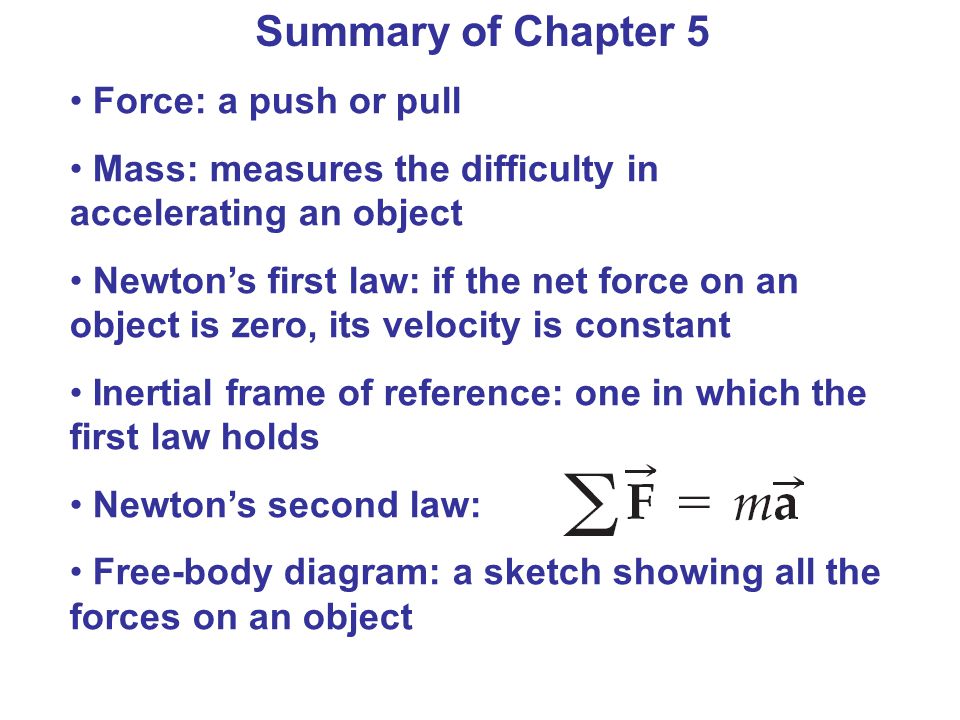 Summary of Chapter 5 Force: a push or pull Mass: measures the difficulty in accelerating an object Newton’s first law: if the net force on an object is zero, its velocity is constant Inertial frame of reference: one in which the first law holds Newton’s second law: Free-body diagram: a sketch showing all the forces on an object