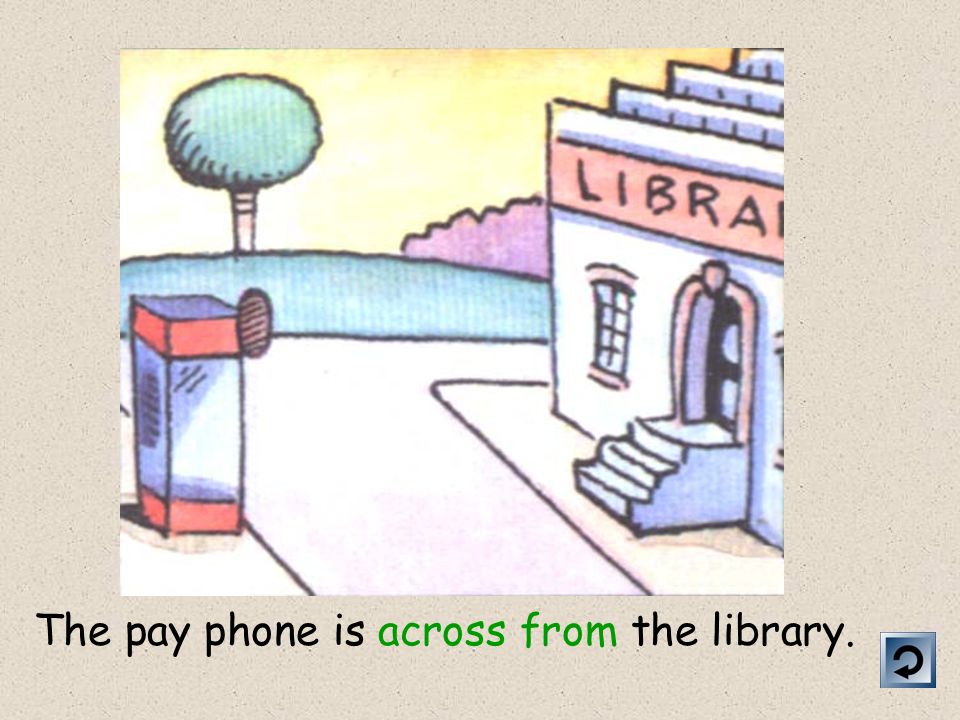 The pay phone is between the post office and the library.
