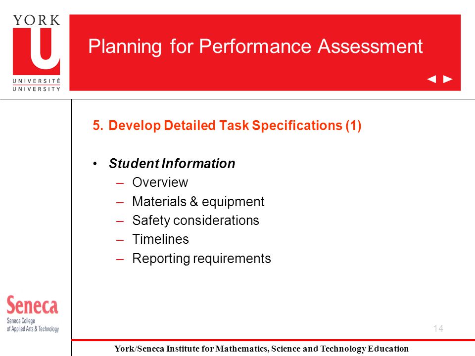 14 Planning for Performance Assessment 5.Develop Detailed Task Specifications (1) Student Information –Overview –Materials & equipment –Safety considerations –Timelines –Reporting requirements York/Seneca Institute for Mathematics, Science and Technology Education