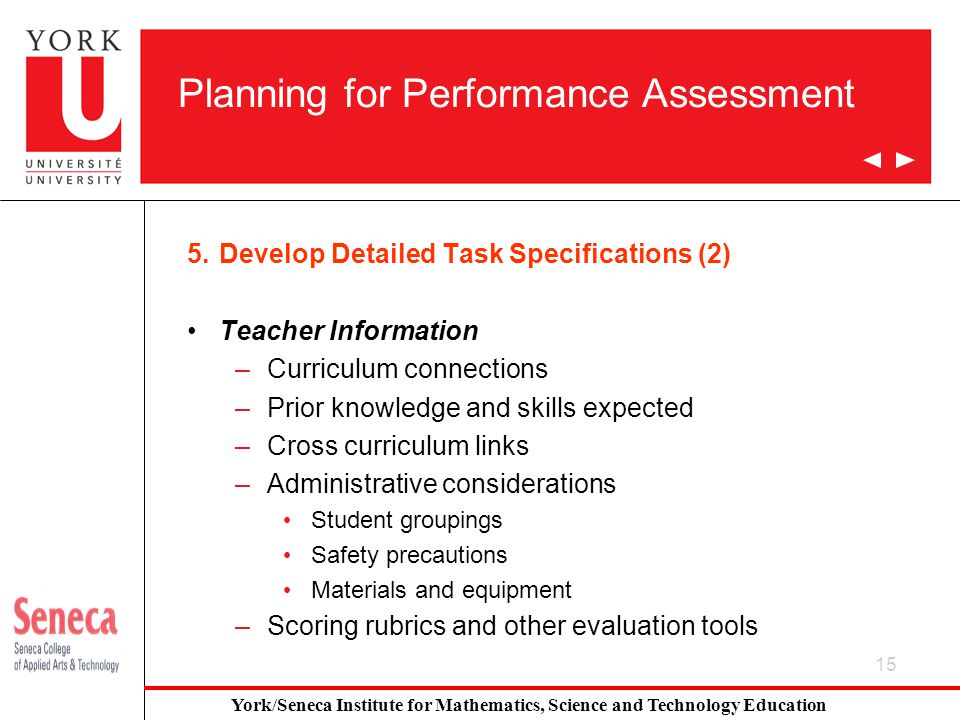 15 Planning for Performance Assessment 5.Develop Detailed Task Specifications (2) Teacher Information –Curriculum connections –Prior knowledge and skills expected –Cross curriculum links –Administrative considerations Student groupings Safety precautions Materials and equipment –Scoring rubrics and other evaluation tools York/Seneca Institute for Mathematics, Science and Technology Education