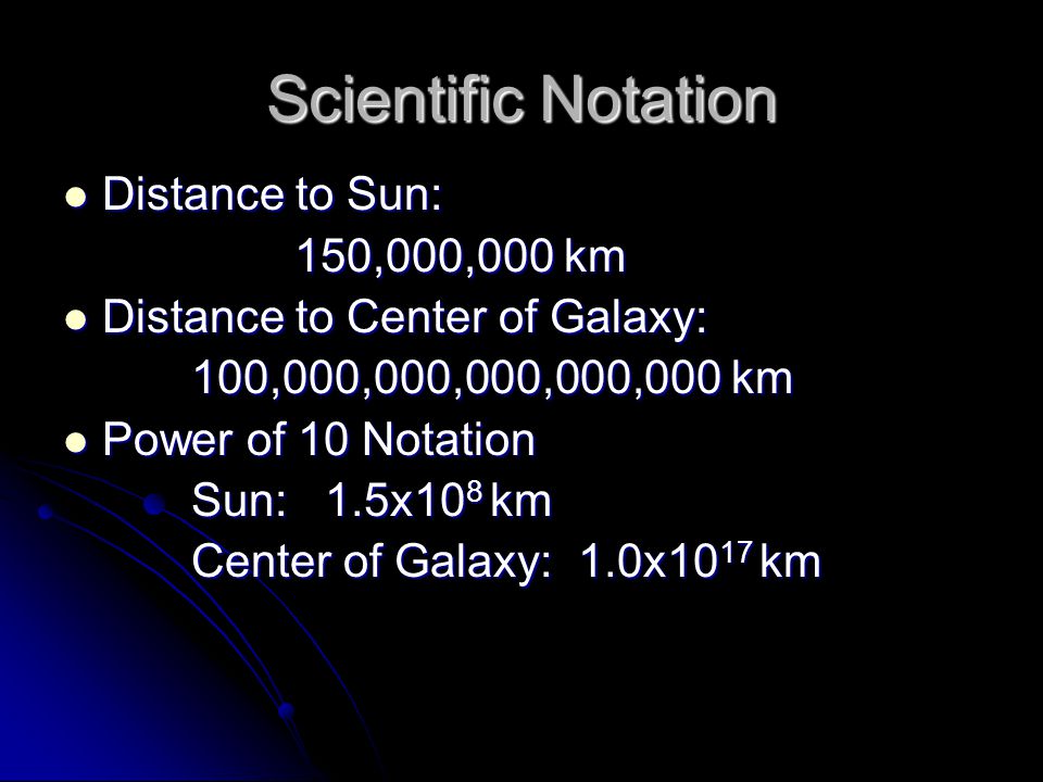 Scientific Notation Distance to Sun: Distance to Sun: 150,000,000 km 150,000,000 km Distance to Center of Galaxy: Distance to Center of Galaxy: 100,000,000,000,000,000 km 100,000,000,000,000,000 km Power of 10 Notation Power of 10 Notation Sun: 1.5x10 8 km Sun: 1.5x10 8 km Center of Galaxy: 1.0x10 17 km Center of Galaxy: 1.0x10 17 km
