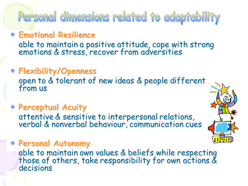 Emotional Resilience able to maintain a positive attitude, cope with strong emotions & stress, recover from adversities Flexibility/Openness open to & tolerant of new ideas & people different from us Perceptual Acuity attentive & sensitive to interpersonal relations, verbal & nonverbal behaviour, communication cues Personal Autonomy able to maintain own values & beliefs while respecting those of others, take responsibility for own actions & decisions