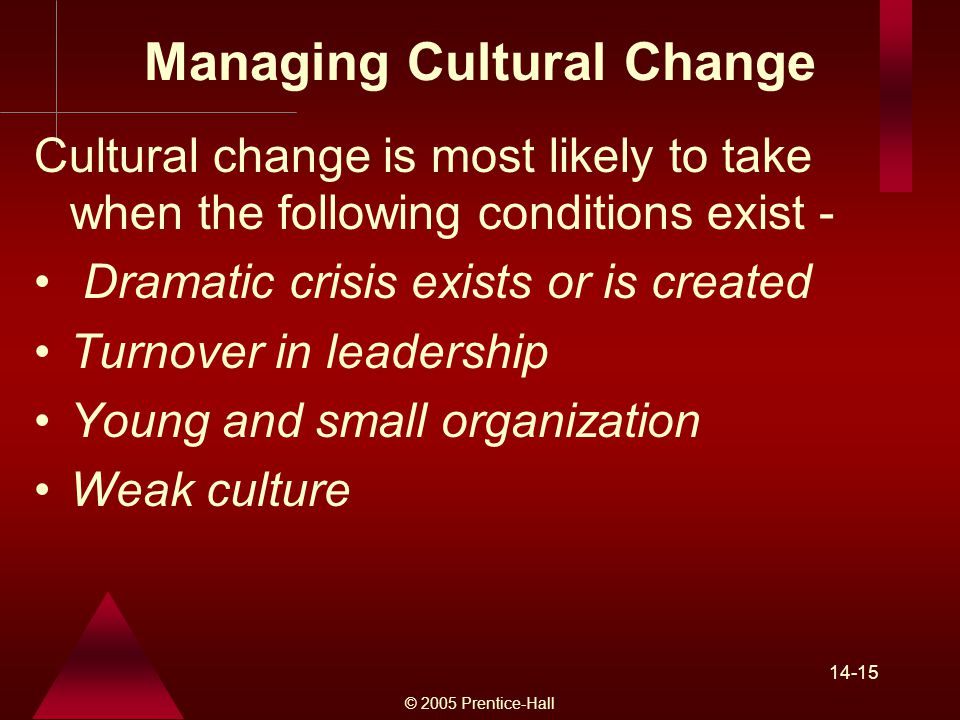 © 2005 Prentice-Hall Managing Cultural Change Cultural change is most likely to take when the following conditions exist - Dramatic crisis exists or is created Turnover in leadership Young and small organization Weak culture