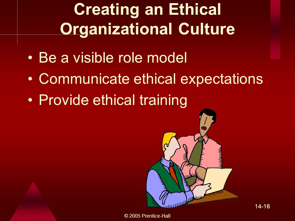 © 2005 Prentice-Hall Creating an Ethical Organizational Culture Be a visible role model Communicate ethical expectations Provide ethical training