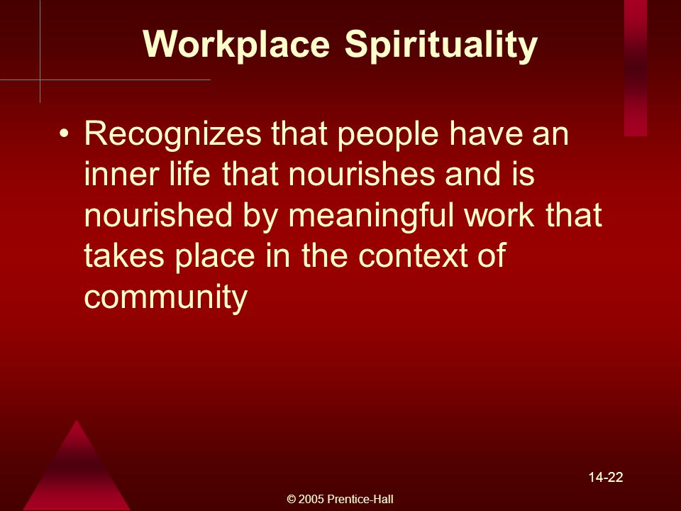 © 2005 Prentice-Hall Workplace Spirituality Recognizes that people have an inner life that nourishes and is nourished by meaningful work that takes place in the context of community