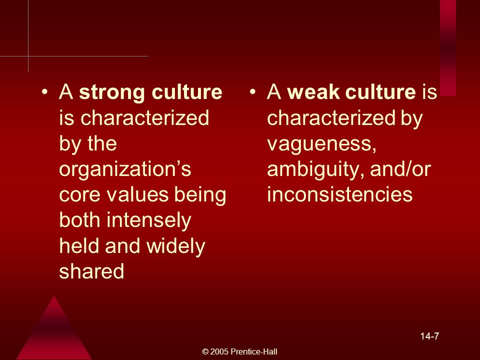 © 2005 Prentice-Hall 14-7 A strong culture is characterized by the organization’s core values being both intensely held and widely shared A weak culture is characterized by vagueness, ambiguity, and/or inconsistencies