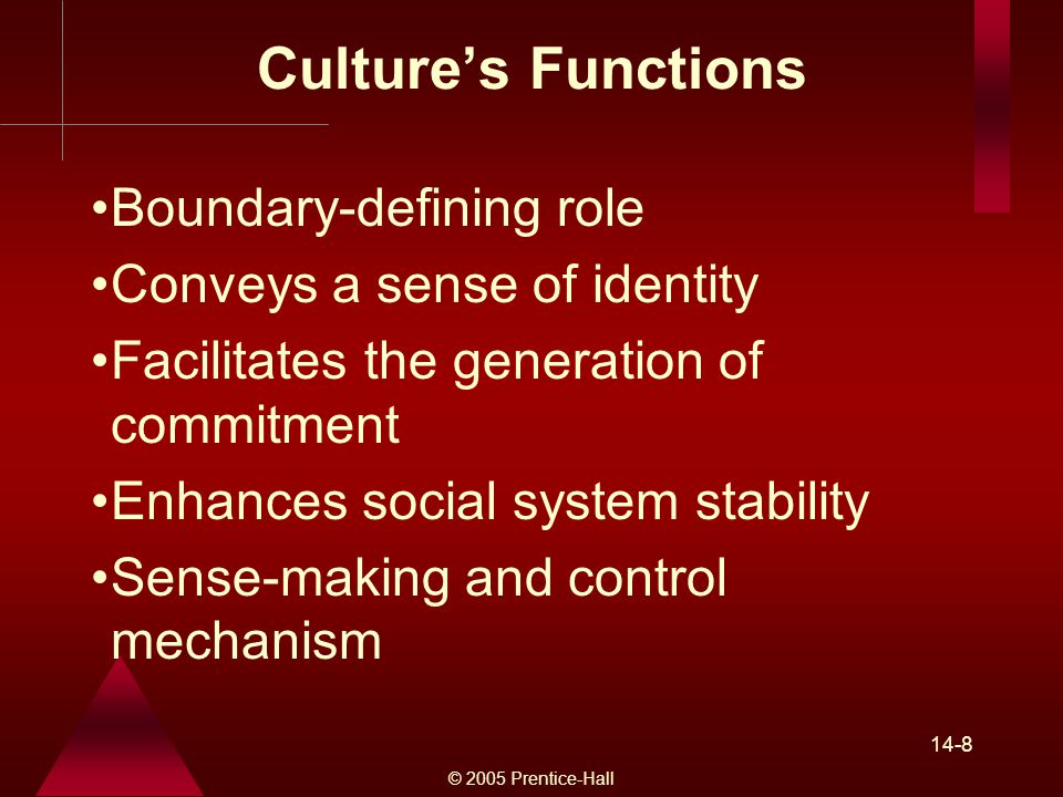 © 2005 Prentice-Hall 14-8 Culture’s Functions Boundary-defining role Conveys a sense of identity Facilitates the generation of commitment Enhances social system stability Sense-making and control mechanism